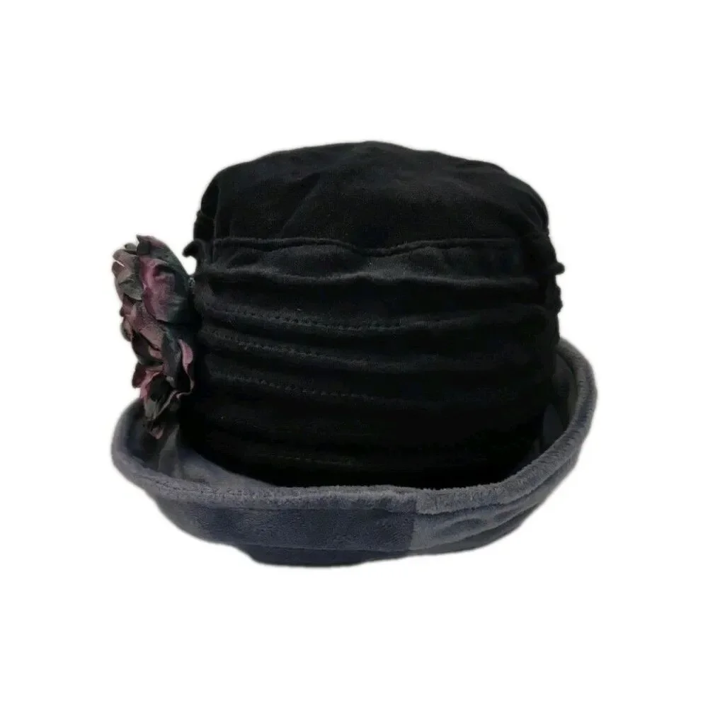 Packable Velvety Hat with Flower Gray Black Purple Never Worn One Size